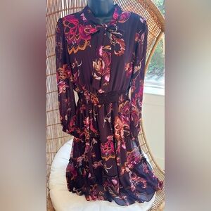 LIZ CLAIBORNE NWT Women's Size 6 Neck Tie Dress Paisley Long Sleeve Purple Brown